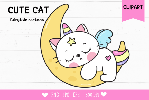 Cute Cat Unicorn Sleep on Moon Kawaii