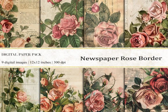 Newspaper Rose Border Digital Papers