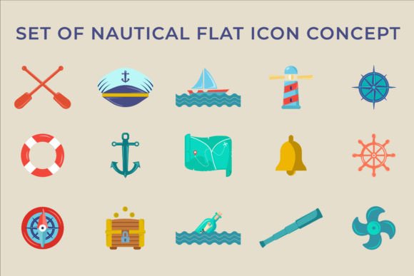 Set of Nautical Flat Icon Color Vector